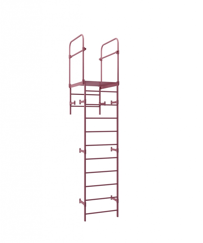  Длина: до 6 м. Крепление к стене: 300 или 600 мм. Комплектация: - секция лестницы 800х3 м - 1 шт; - секция лестницы 800х1,8 м - 1 шт; - площадка парапетная - 1 шт; - кронштейны стеновые - 8 шт.